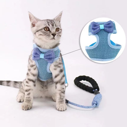 Cute Dog Cat Bow Pets Vest Type Traction Rope - Blue