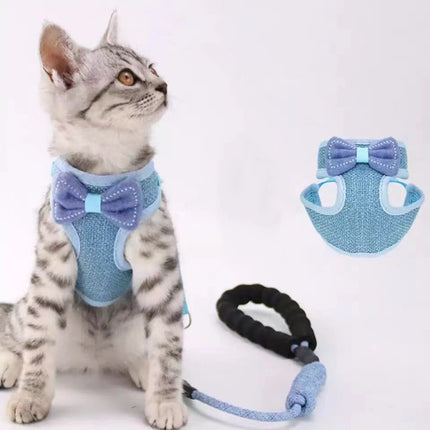 Cute Dog Cat Bow Pets Vest Type Traction Rope - Blue