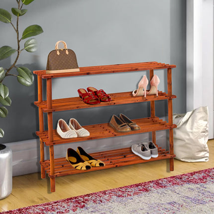 4 Tier Wide Capacity Natural Wooden Shoe Organizer Storage Rack - Brown