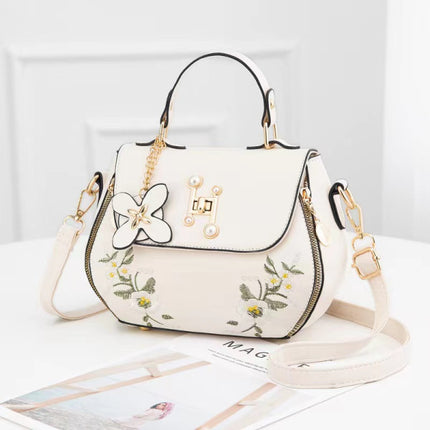 Floral Embroidered Girls Fashion Synthetic Messenger Bags - White