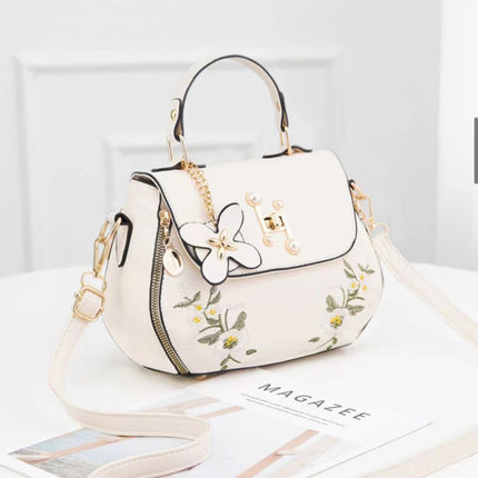 Floral Embroidered Girls Fashion Synthetic Messenger Bags - White