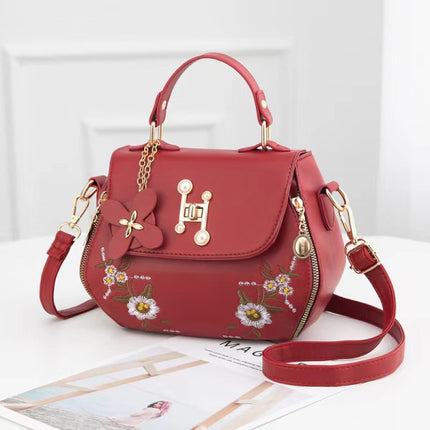 Girls Fashion Floral Embroidered Synthetic Messenger Bags - Red