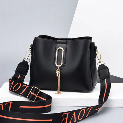 Wide Strap Fashion Letter One Shoulder Bucket Bag - Black