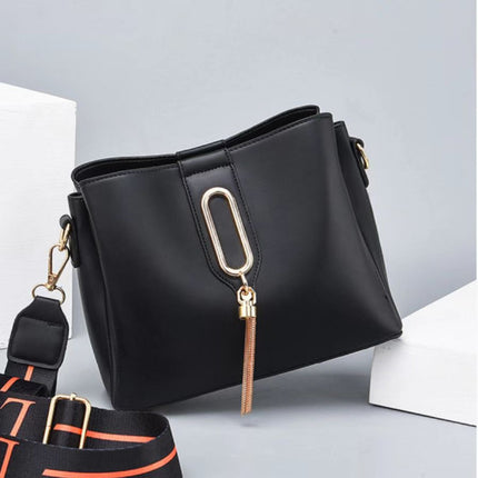 Wide Strap Fashion Letter One Shoulder Bucket Bag - Black