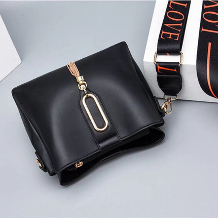 Wide Strap Fashion Letter One Shoulder Bucket Bag - Black