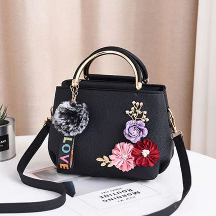 Flower Decoration Sweet Girl Small Shoulder Bag - Black