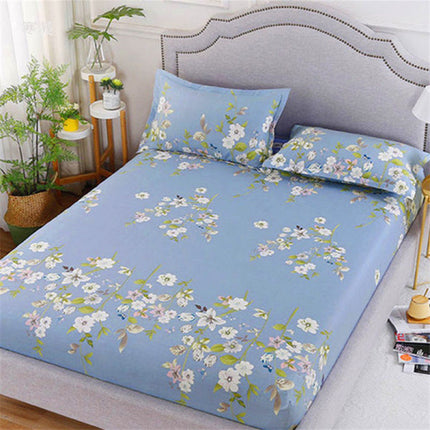 Elegant Floral Printed Elastic Easy Wear Bed Sheet Cover with 2 Pcs Pillow Cover Set - 150 x 200cm - Blue