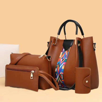 4 Pieces Women Fashion Synthetic Shopping Handbags Set - Brown