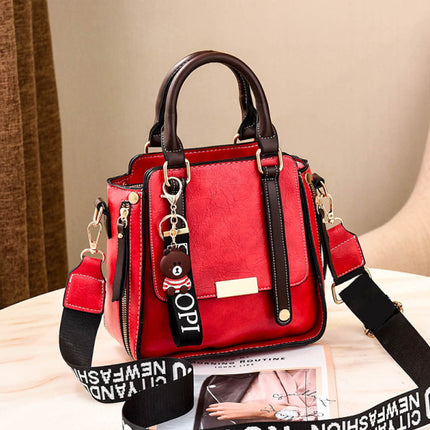 Korean Chic Red PU Leather Handbag for Women Zipper Closure Double Handle Stylish Stereo Design