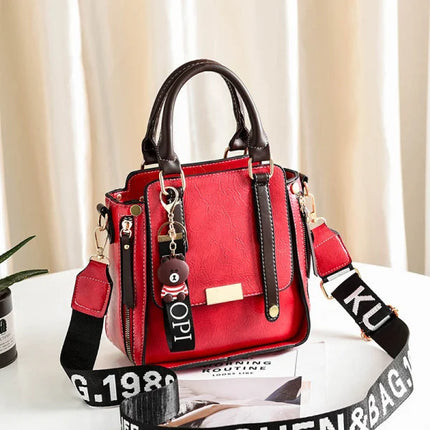 Korean Chic Red PU Leather Handbag for Women Zipper Closure Double Handle Stylish Stereo Design