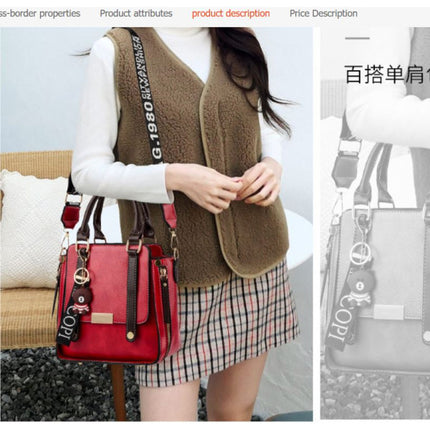 Korean Chic Red PU Leather Handbag for Women Zipper Closure Double Handle Stylish Stereo Design