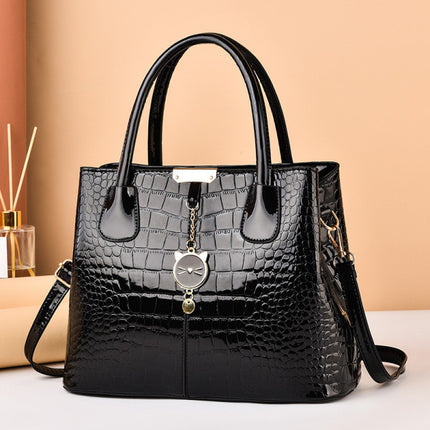 Glossy PU Leather Croc Texture Large Capacity Handbag - Black