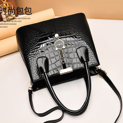 Glossy PU Leather Croc Texture Large Capacity Handbag - Black