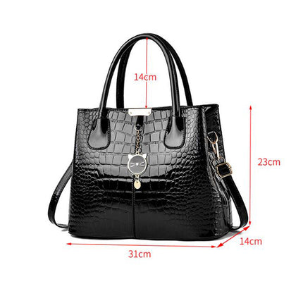 Glossy PU Leather Croc Texture Large Capacity Handbag - Black