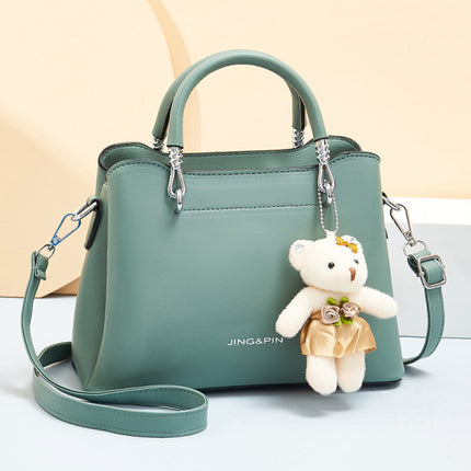 Ladies Casual Large Capacity Handbag With Bear Pendant - GREEN