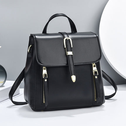 Black PU Magnetic Closure Backpack Sleek and Stylish Flap-Over Design with Adjustable Handle Perfect for Women on the Go!