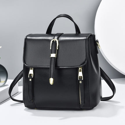 Black PU Magnetic Closure Backpack Sleek and Stylish Flap-Over Design with Adjustable Handle Perfect for Women on the Go!