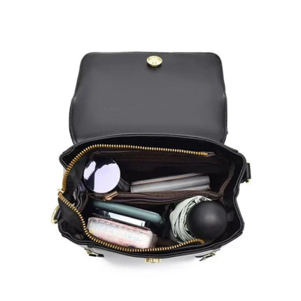 Black PU Magnetic Closure Backpack Sleek and Stylish Flap-Over Design with Adjustable Handle Perfect for Women on the Go!