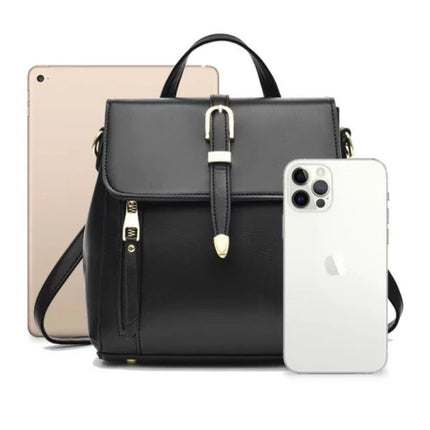 Black PU Magnetic Closure Backpack Sleek and Stylish Flap-Over Design with Adjustable Handle Perfect for Women on the Go!