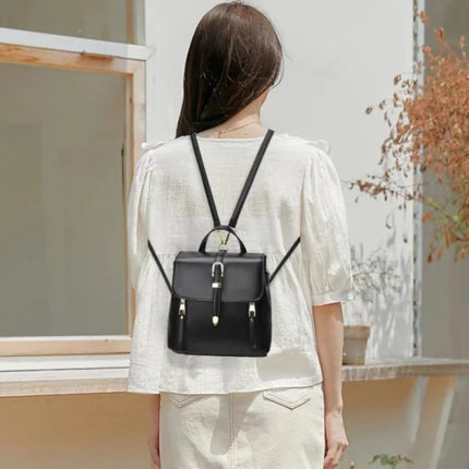 Black PU Magnetic Closure Backpack Sleek and Stylish Flap-Over Design with Adjustable Handle Perfect for Women on the Go!