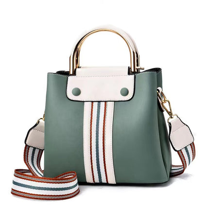 Stylish Green Lattice Handbag Women's Casual Double Handle Zipper Bag with Striped Strap and Multiple Compartments