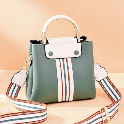 Stylish Green Lattice Handbag Women's Casual Double Handle Zipper Bag with Striped Strap and Multiple Compartments