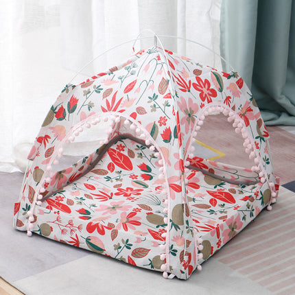 Good Quality Detachable Cotton Linen Small Pet Tent For Cats - White Red