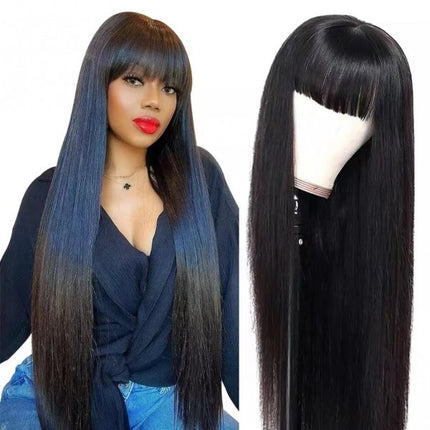 Women Neat Bang Natural Long Straight Hair Wig - Black