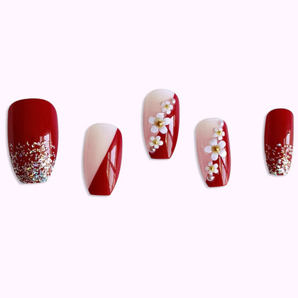 Floral Patched Glitter Wearable Fake Nails- Red