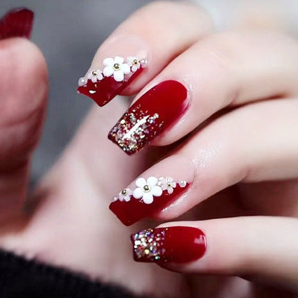 Floral Patched Glitter Wearable Fake Nails- Red