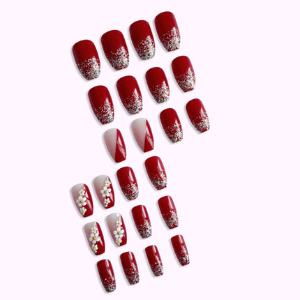 Floral Patched Glitter Wearable Fake Nails- Red