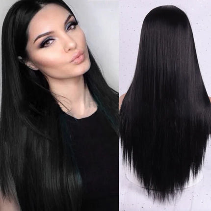 Black Synthetic Fiber Women's Long Straight Hair Wig Realistic Shiny Comfortable Elastic Strap For Easy Fit Inner Cap Girls Full Wigs - 28 Inch