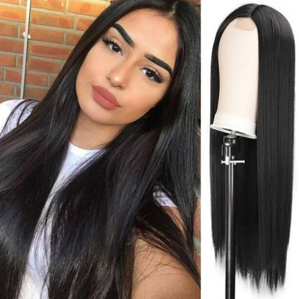 Black Synthetic Fiber Women's Long Straight Hair Wig Realistic Shiny Comfortable Elastic Strap For Easy Fit Inner Cap Girls Full Wigs - 28 Inch