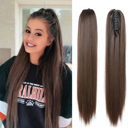 20 Inches Clip On Easy To Wear Straight Ponytail Hair Extension Wig Girls Fashion Fake Shiny Hair Wigs - Dark Brown