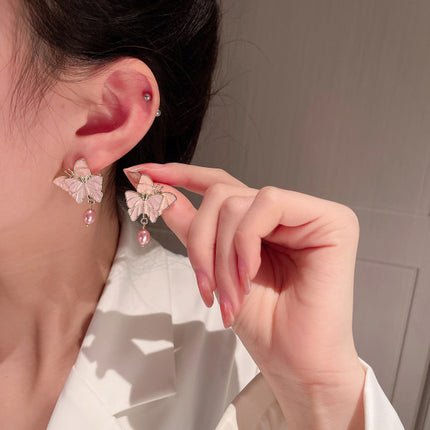 Butterfly Pearl Patched Party Wear Earrings - Pink