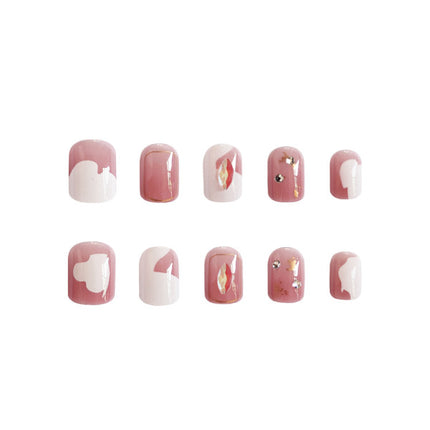 Check Print Contrast 12 PCs Party Wear Fake Nails - Light Pink