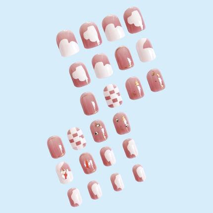 Check Print Contrast 12 PCs Party Wear Fake Nails - Light Pink