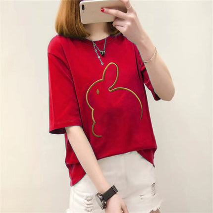 Printed Rabbit Solid Color Loose Drop Shoulder Women T-Shirt - Red