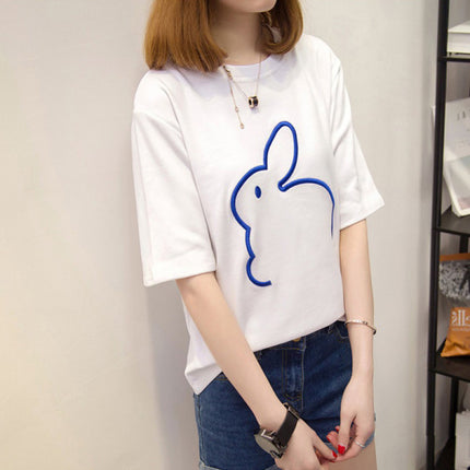 Printed Rabbit Solid Color Loose Drop Shoulder Women T-Shirt - White