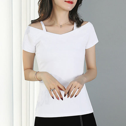 Solid Strap Cold Shoulder Short Sleeve Women Blouse Top - White