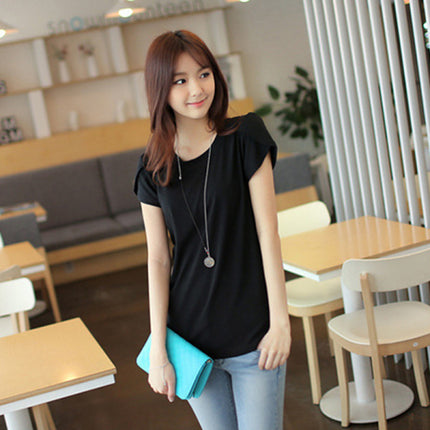 Wrap Sleeve Round Neck Solid Color Blouse Top - Black