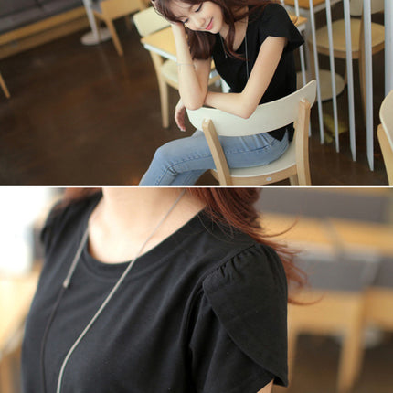 Wrap Sleeve Round Neck Solid Color Blouse Top - Black