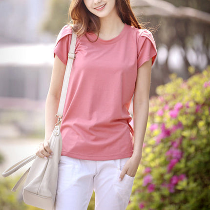 Wrap Sleeve Round Neck Solid Color Blouse Top - Pink