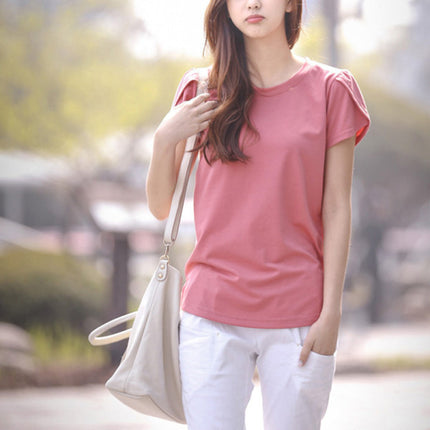 Wrap Sleeve Round Neck Solid Color Blouse Top - Pink