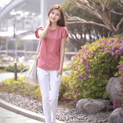 Wrap Sleeve Round Neck Solid Color Blouse Top - Pink