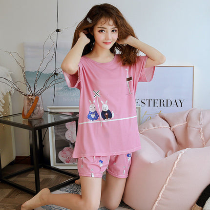 Rabbit Cartoon Printed Nightwear Women 2Pcs Pajama Set - Pink