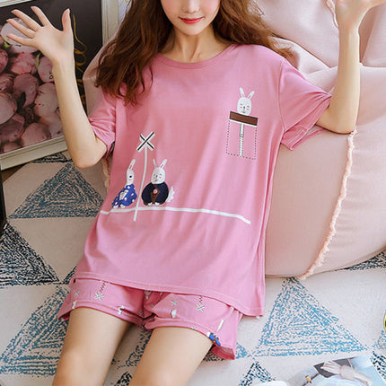 Rabbit Cartoon Printed Nightwear Women 2Pcs Pajama Set - Pink