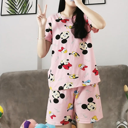 Cartoons Printed Nightwear Women Two Pieces Pajama Set - Pink