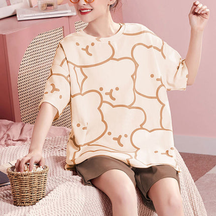 Bear Printed Nightwear Women Two Pieces Pajama Set - Beige