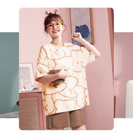 Bear Printed Nightwear Women Two Pieces Pajama Set - Beige